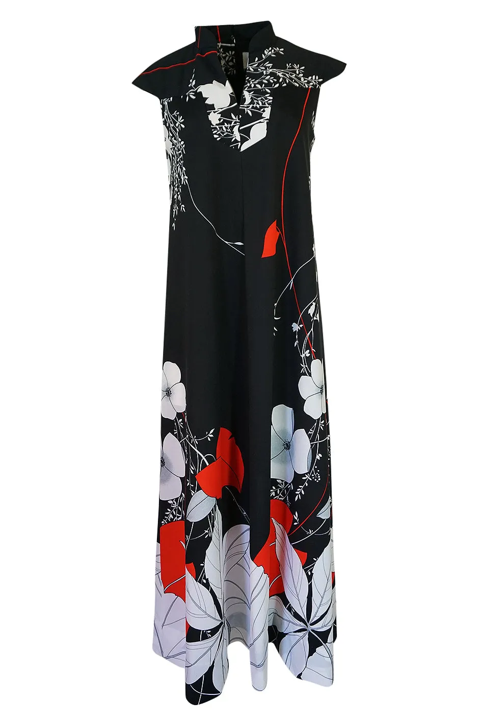 1970s Malama Hawaii  Bright Red Floral Jersey Black Dress