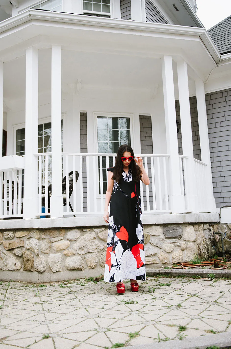 1970s Malama Hawaii  Bright Red Floral Jersey Black Dress