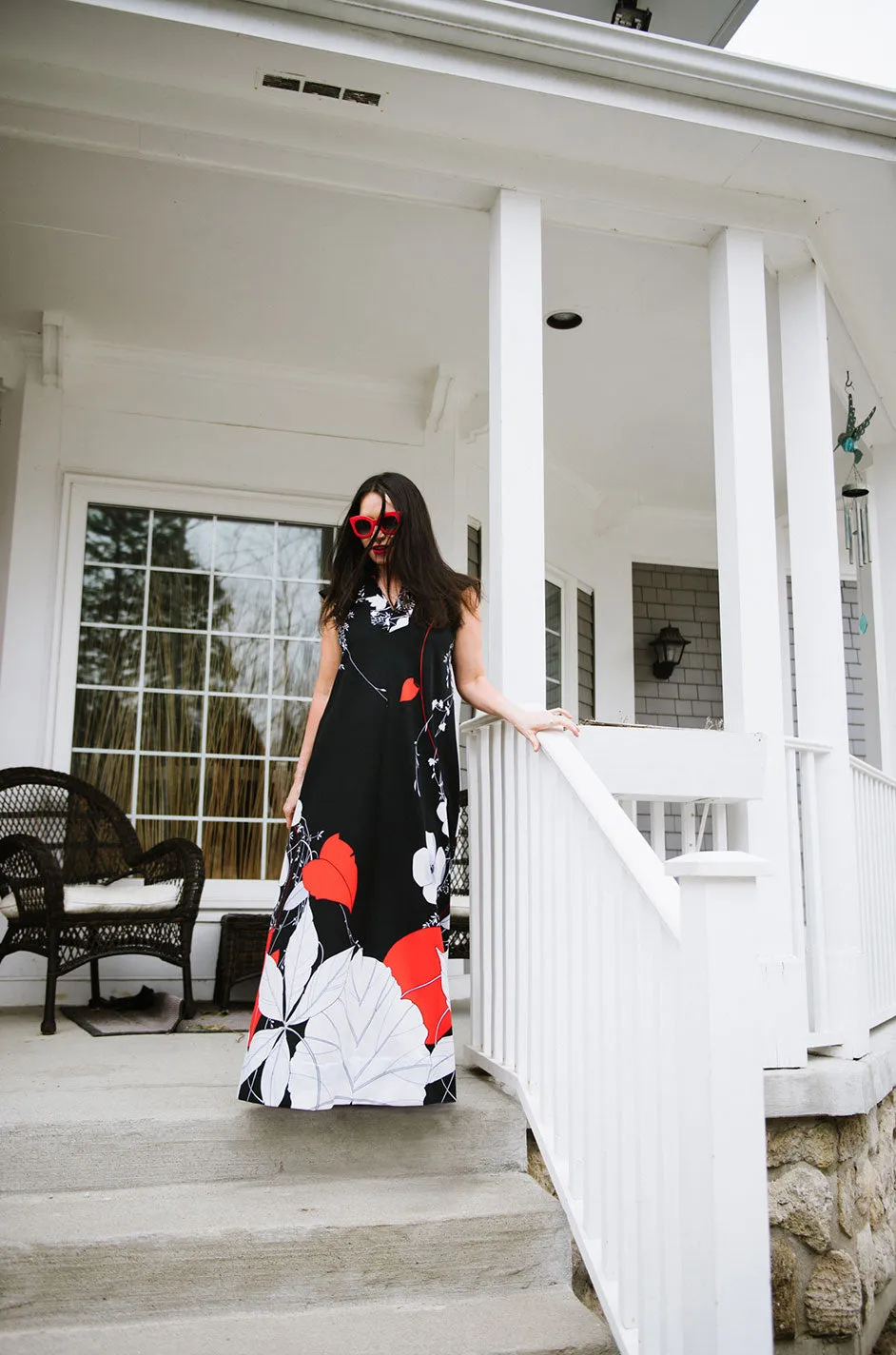 1970s Malama Hawaii  Bright Red Floral Jersey Black Dress
