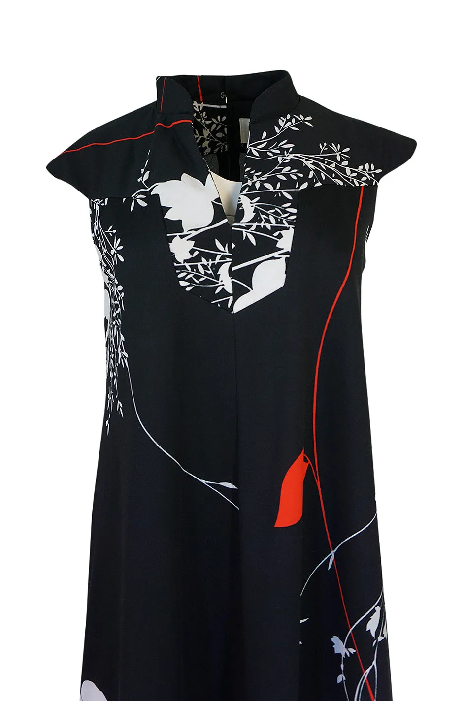 1970s Malama Hawaii  Bright Red Floral Jersey Black Dress