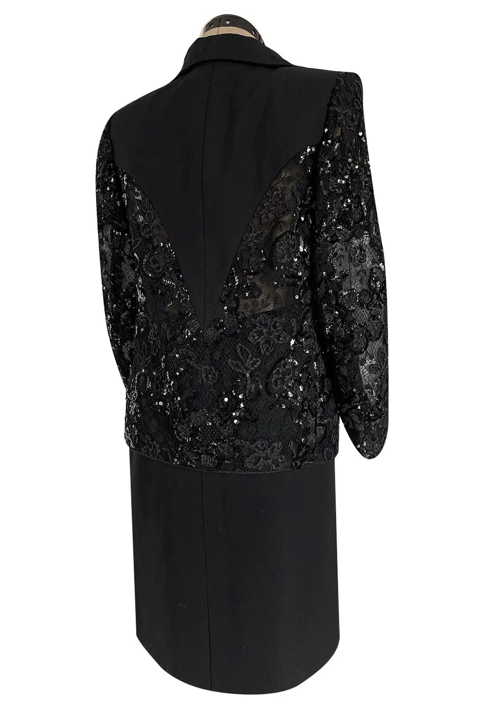 1980s Ady Couture Lausanne Transparent Lace & Sequin Jacket Suit w Black Pencil Skirt