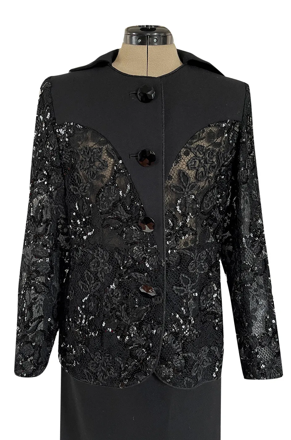 1980s Ady Couture Lausanne Transparent Lace & Sequin Jacket Suit w Black Pencil Skirt