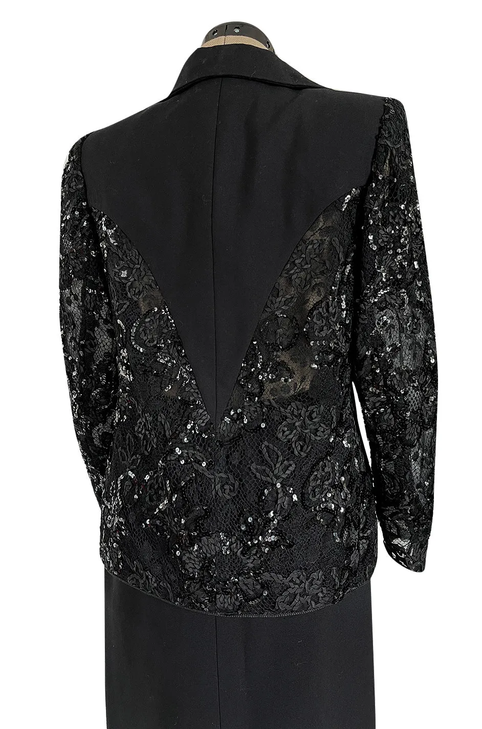 1980s Ady Couture Lausanne Transparent Lace & Sequin Jacket Suit w Black Pencil Skirt