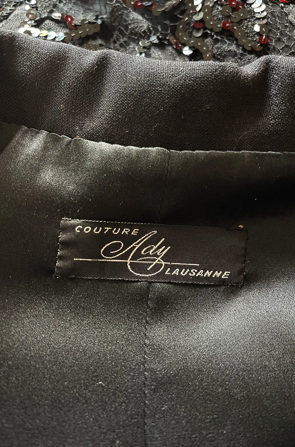 1980s Ady Couture Lausanne Transparent Lace & Sequin Jacket Suit w Black Pencil Skirt