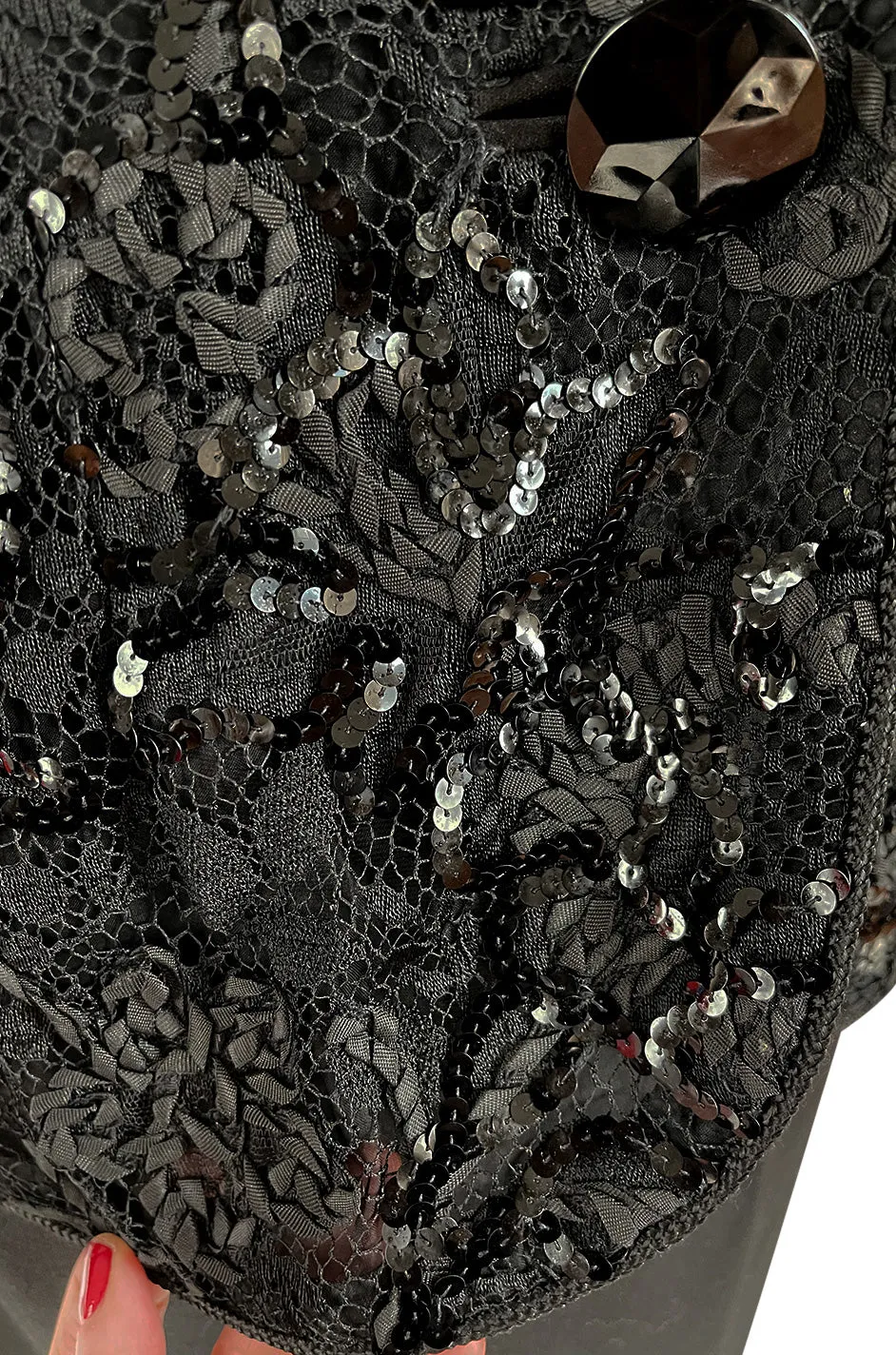 1980s Ady Couture Lausanne Transparent Lace & Sequin Jacket Suit w Black Pencil Skirt