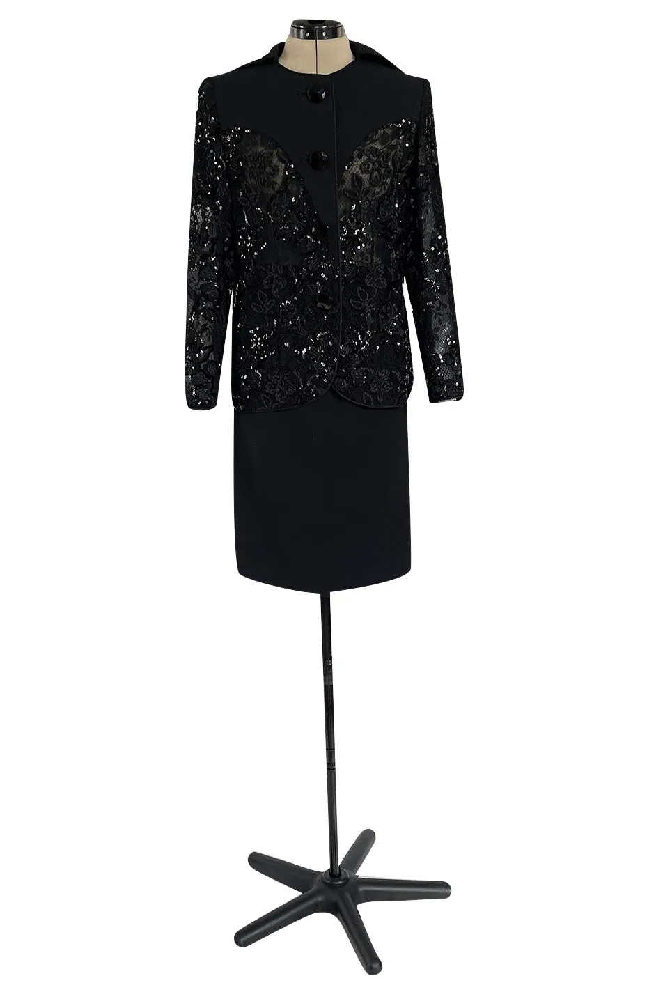 1980s Ady Couture Lausanne Transparent Lace & Sequin Jacket Suit w Black Pencil Skirt