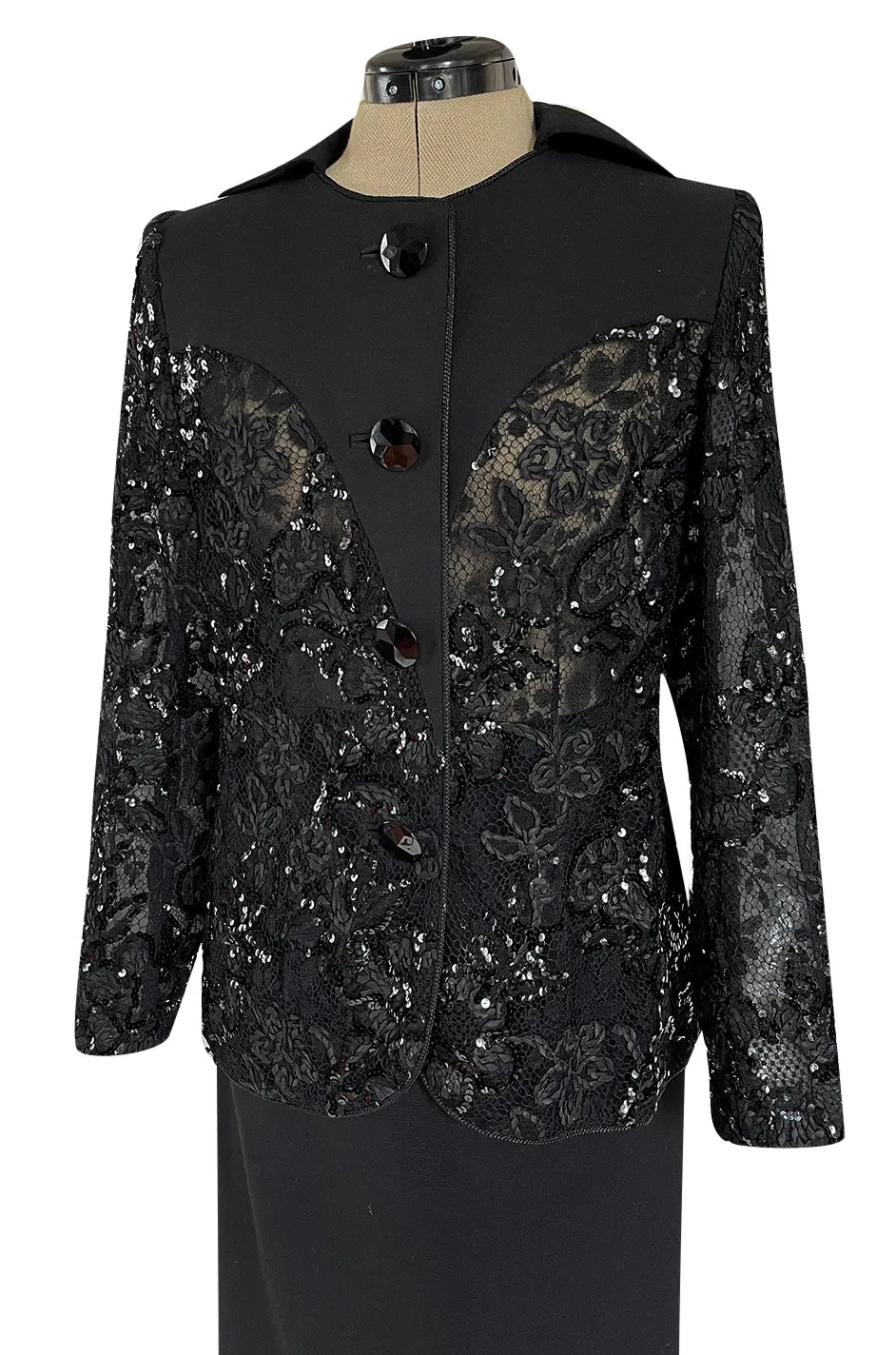 1980s Ady Couture Lausanne Transparent Lace & Sequin Jacket Suit w Black Pencil Skirt