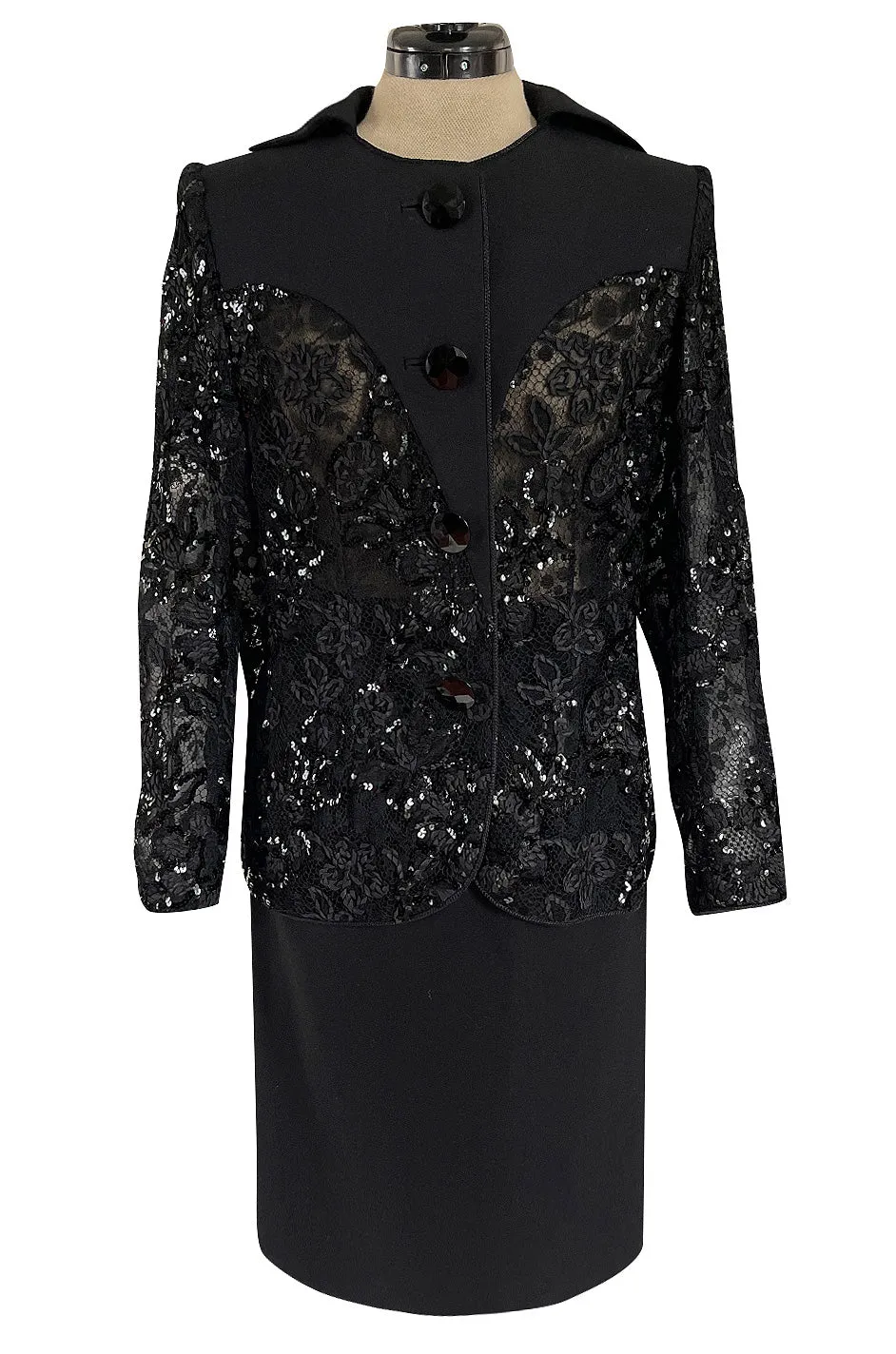 1980s Ady Couture Lausanne Transparent Lace & Sequin Jacket Suit w Black Pencil Skirt