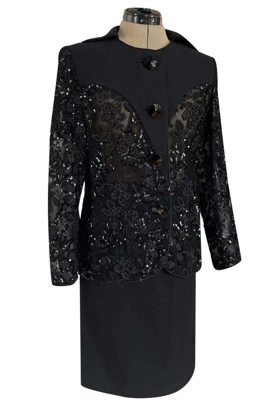 1980s Ady Couture Lausanne Transparent Lace & Sequin Jacket Suit w Black Pencil Skirt