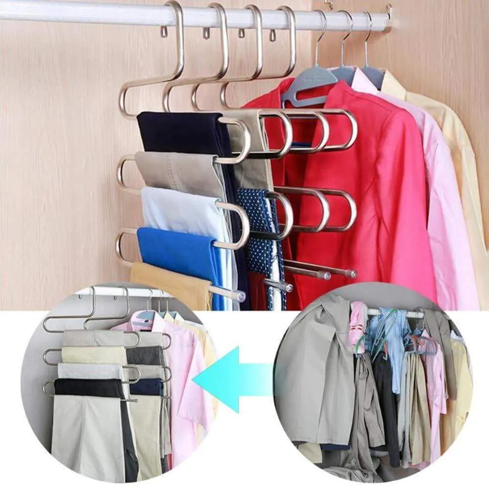AHUA 4 Pack Premium S Type Clothes Pants Hanger S-Shape Stainless Steel Space Saving Hanger Saver Organization 5 Layers Closet Storage Organizer for Jeans Trousers Tie Belt Scarf
