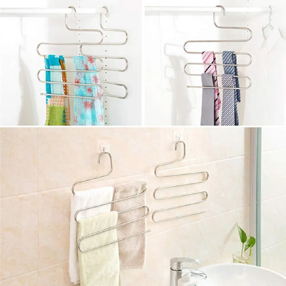 AHUA 4 Pack Premium S Type Clothes Pants Hanger S-Shape Stainless Steel Space Saving Hanger Saver Organization 5 Layers Closet Storage Organizer for Jeans Trousers Tie Belt Scarf
