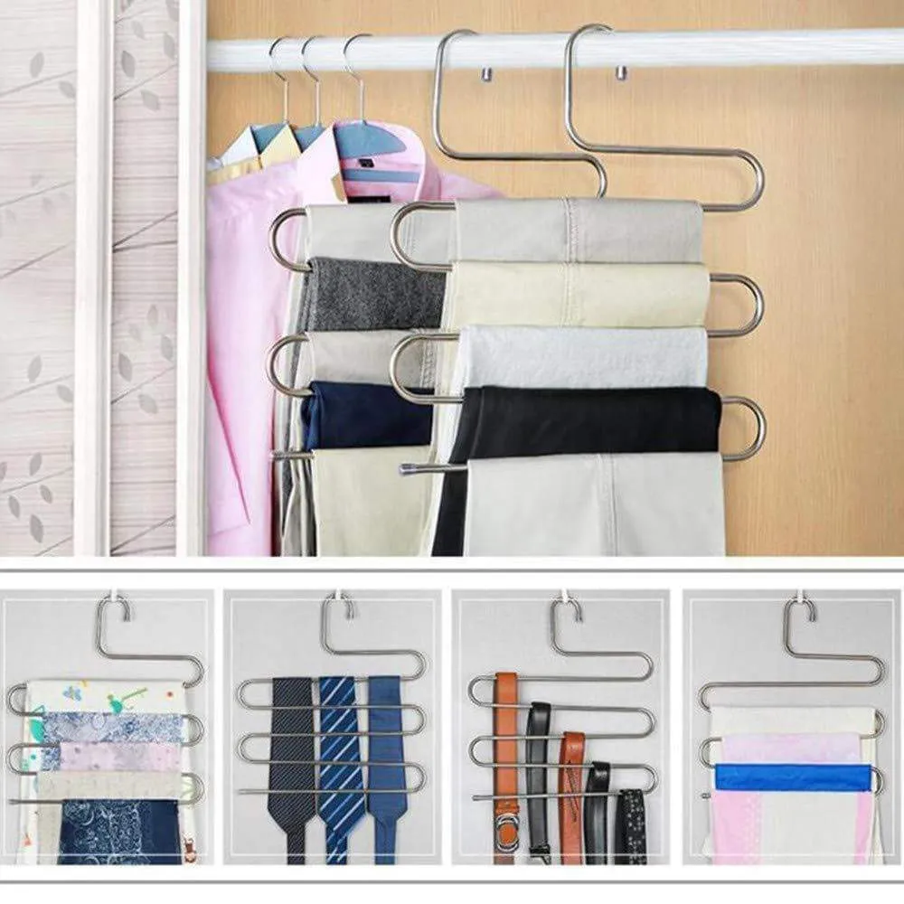 AHUA 4 Pack Premium S Type Clothes Pants Hanger S-Shape Stainless Steel Space Saving Hanger Saver Organization 5 Layers Closet Storage Organizer for Jeans Trousers Tie Belt Scarf