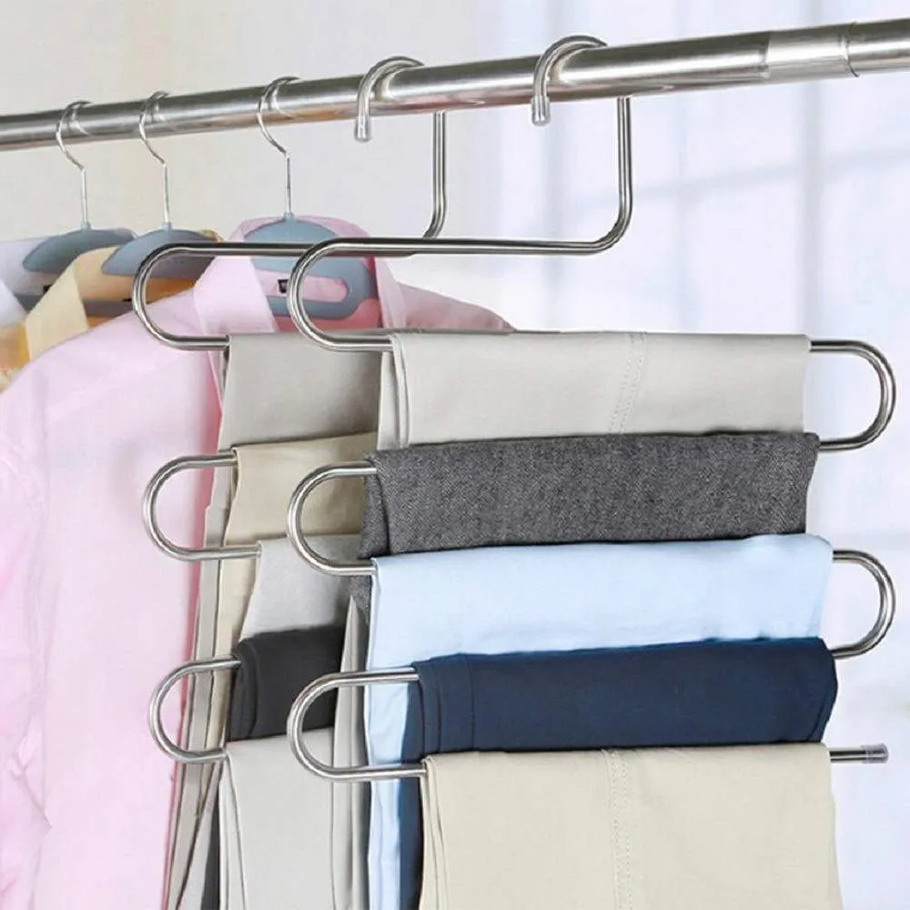 AHUA 4 Pack Premium S Type Clothes Pants Hanger S-Shape Stainless Steel Space Saving Hanger Saver Organization 5 Layers Closet Storage Organizer for Jeans Trousers Tie Belt Scarf