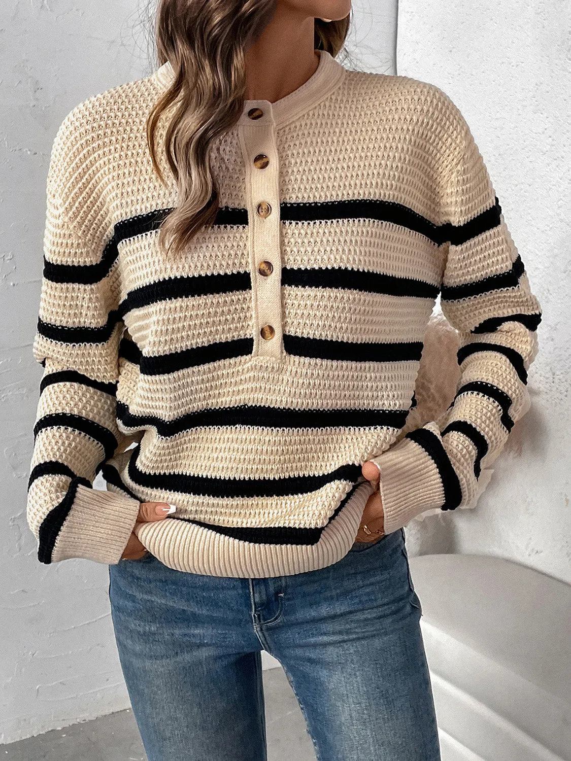 Always Here Striped Half Button Long Sleeve Sweater
