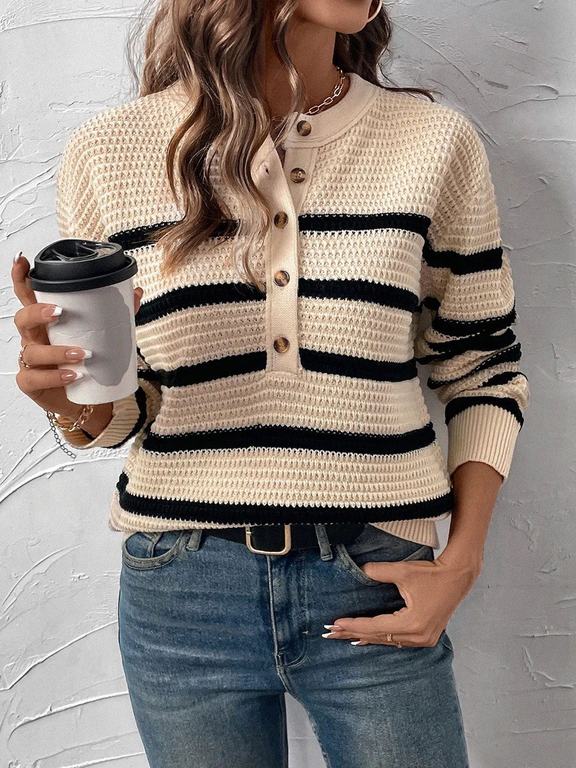 Always Here Striped Half Button Long Sleeve Sweater