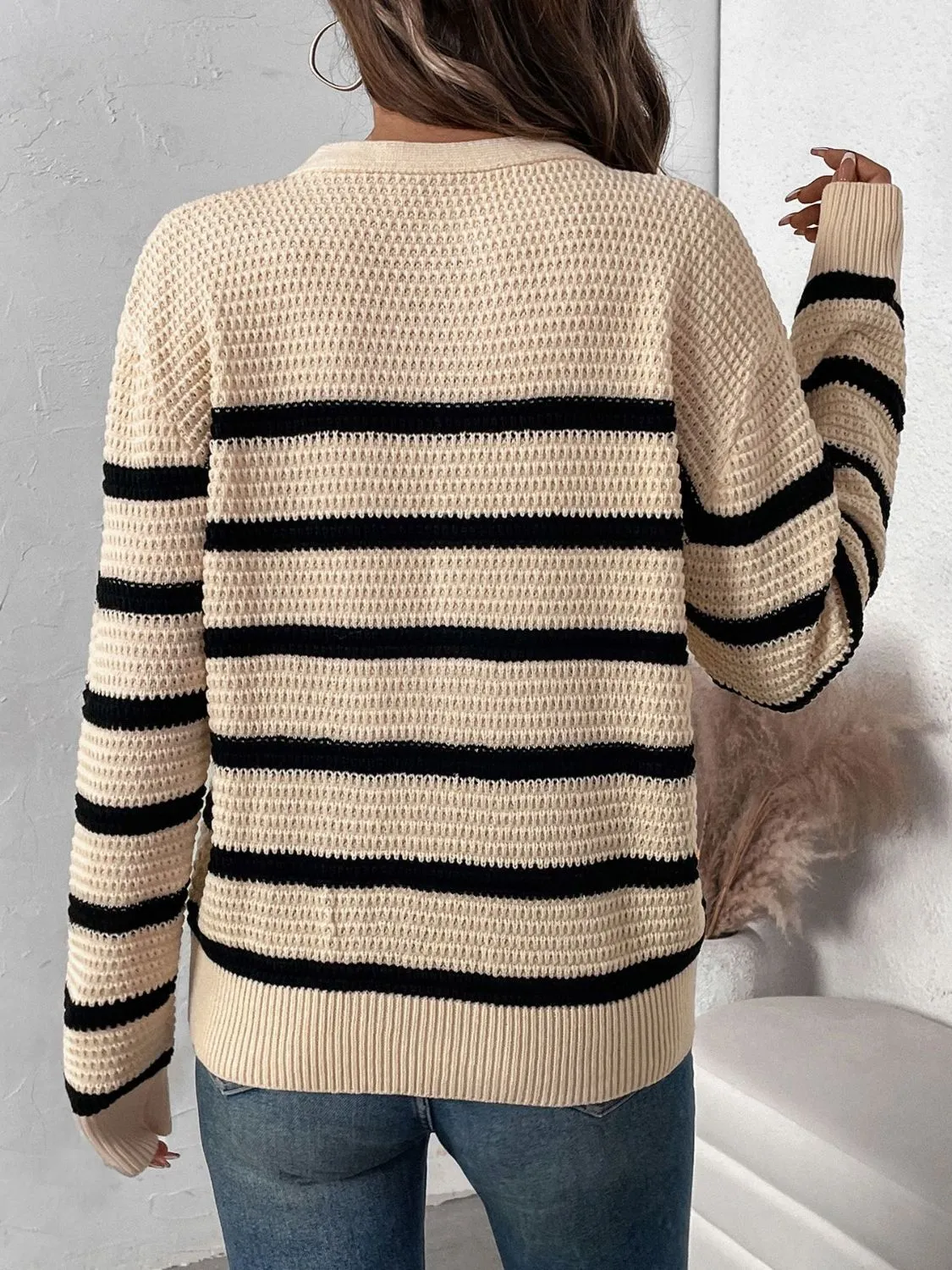 Always Here Striped Half Button Long Sleeve Sweater