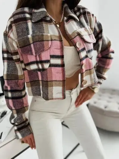 'Amabel' Cropped Flannel Pink Jacket