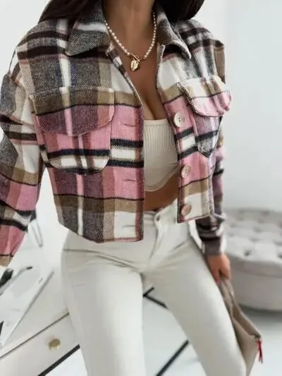 'Amabel' Cropped Flannel Pink Jacket
