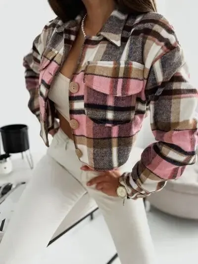 'Amabel' Cropped Flannel Pink Jacket