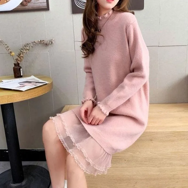 Autumn and Winter Long Lace Sweater Dress Casual Loose Knit Bottoming Shirt Pure Color Simple Female Sweater Dress