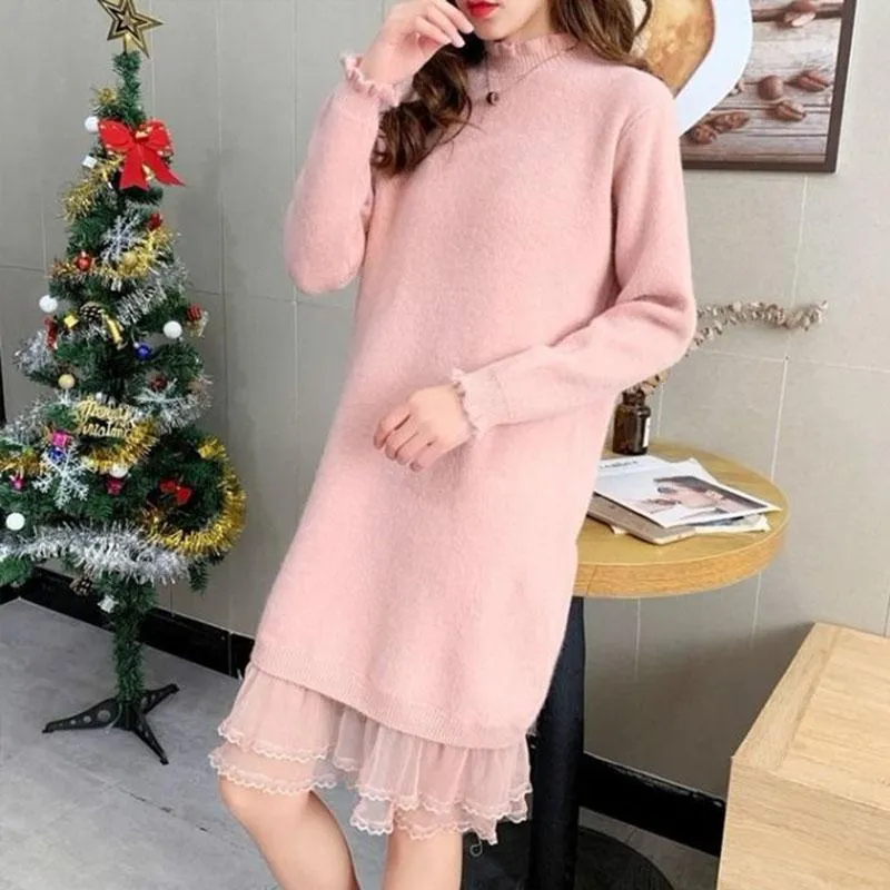Autumn and Winter Long Lace Sweater Dress Casual Loose Knit Bottoming Shirt Pure Color Simple Female Sweater Dress