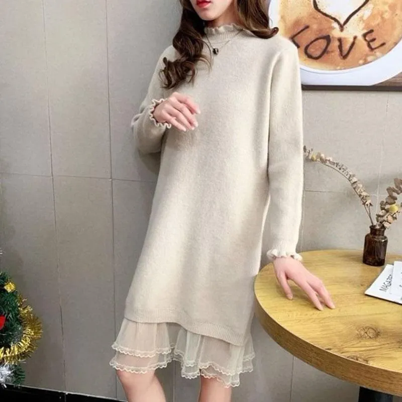 Autumn and Winter Long Lace Sweater Dress Casual Loose Knit Bottoming Shirt Pure Color Simple Female Sweater Dress