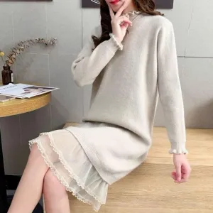 Autumn and Winter Long Lace Sweater Dress Casual Loose Knit Bottoming Shirt Pure Color Simple Female Sweater Dress