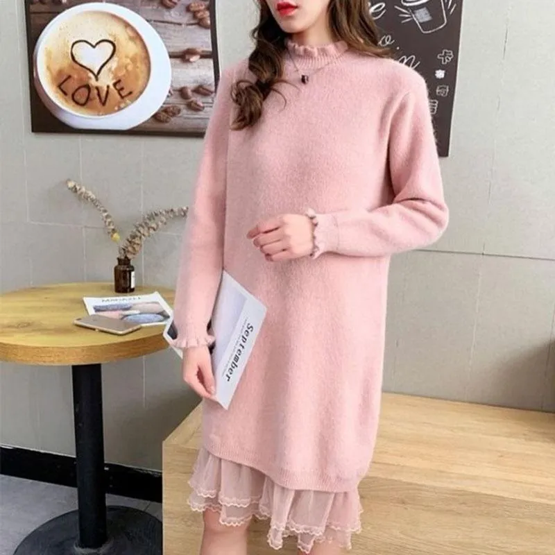 Autumn and Winter Long Lace Sweater Dress Casual Loose Knit Bottoming Shirt Pure Color Simple Female Sweater Dress