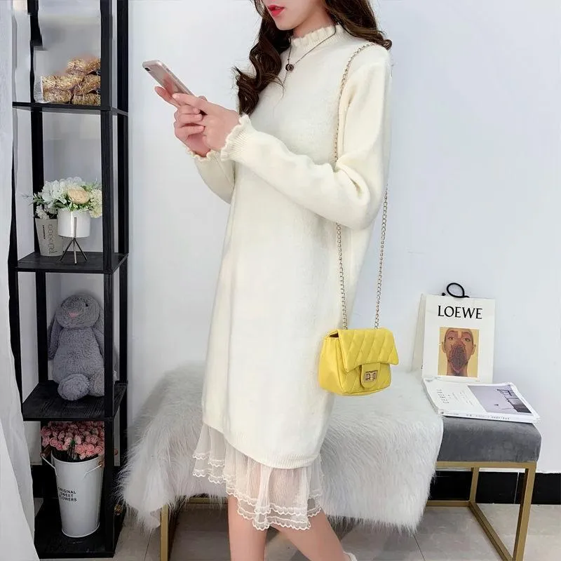Autumn and Winter Long Lace Sweater Dress Casual Loose Knit Bottoming Shirt Pure Color Simple Female Sweater Dress