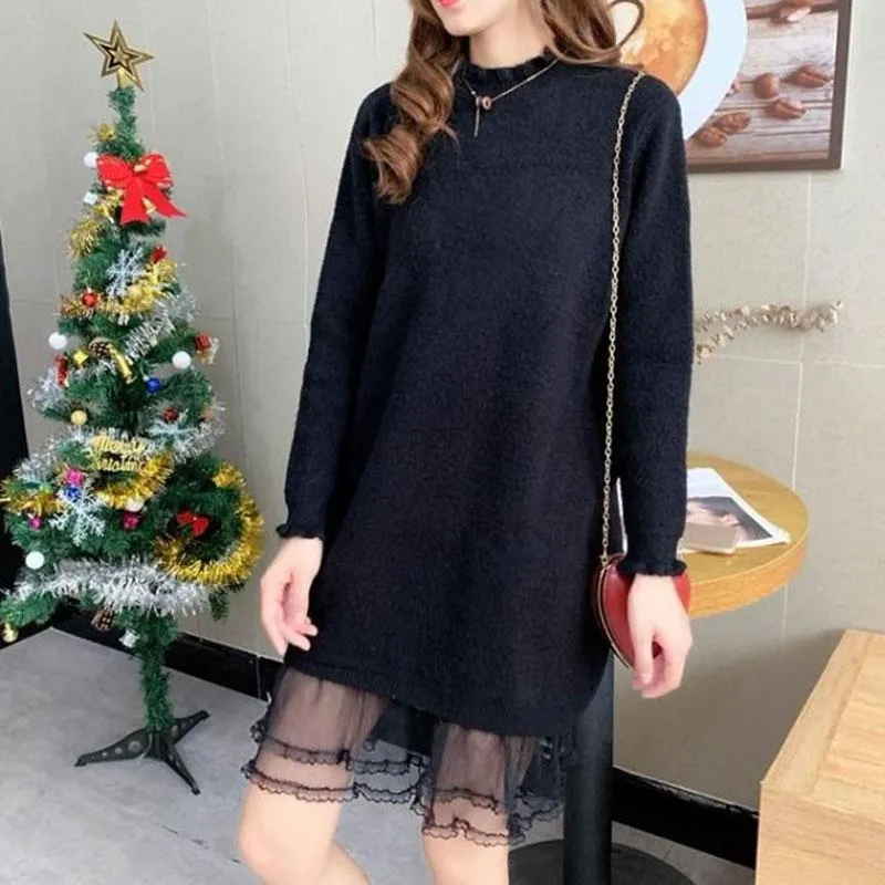 Autumn and Winter Long Lace Sweater Dress Casual Loose Knit Bottoming Shirt Pure Color Simple Female Sweater Dress