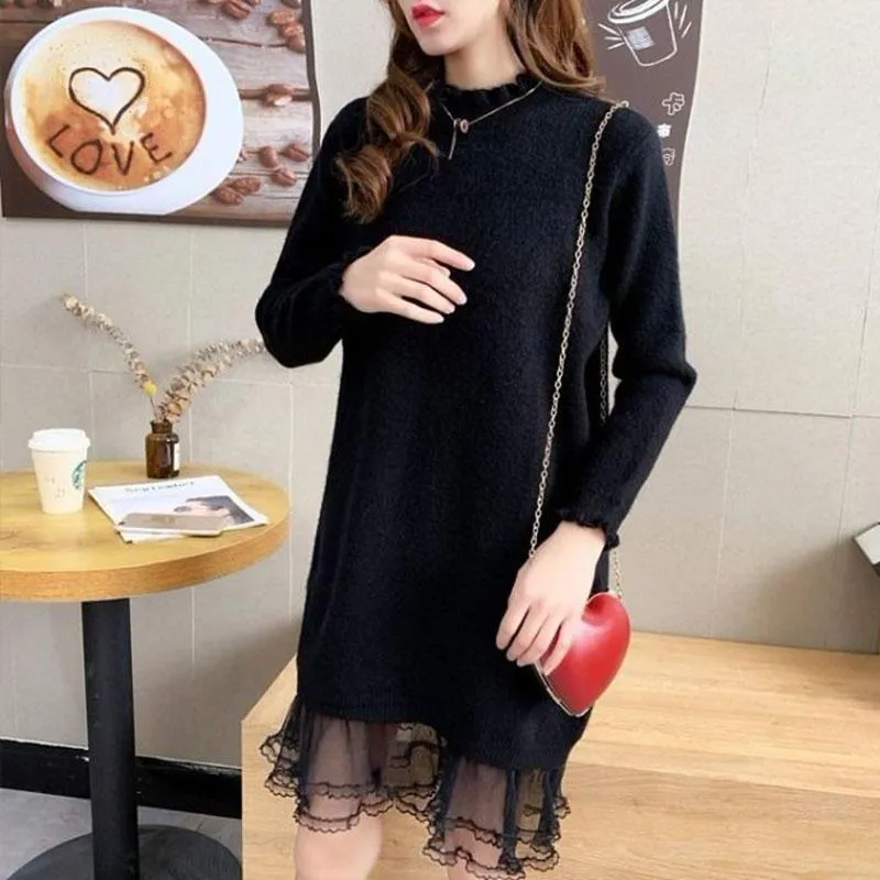 Autumn and Winter Long Lace Sweater Dress Casual Loose Knit Bottoming Shirt Pure Color Simple Female Sweater Dress