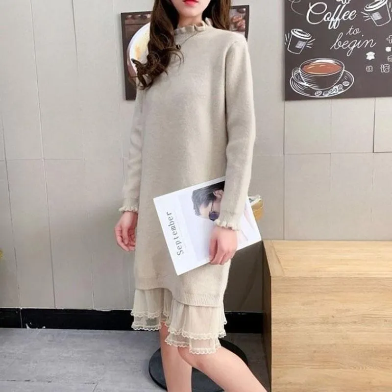 Autumn and Winter Long Lace Sweater Dress Casual Loose Knit Bottoming Shirt Pure Color Simple Female Sweater Dress