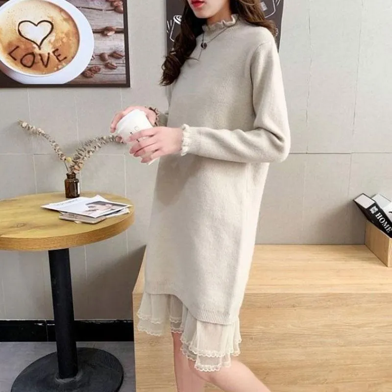 Autumn and Winter Long Lace Sweater Dress Casual Loose Knit Bottoming Shirt Pure Color Simple Female Sweater Dress