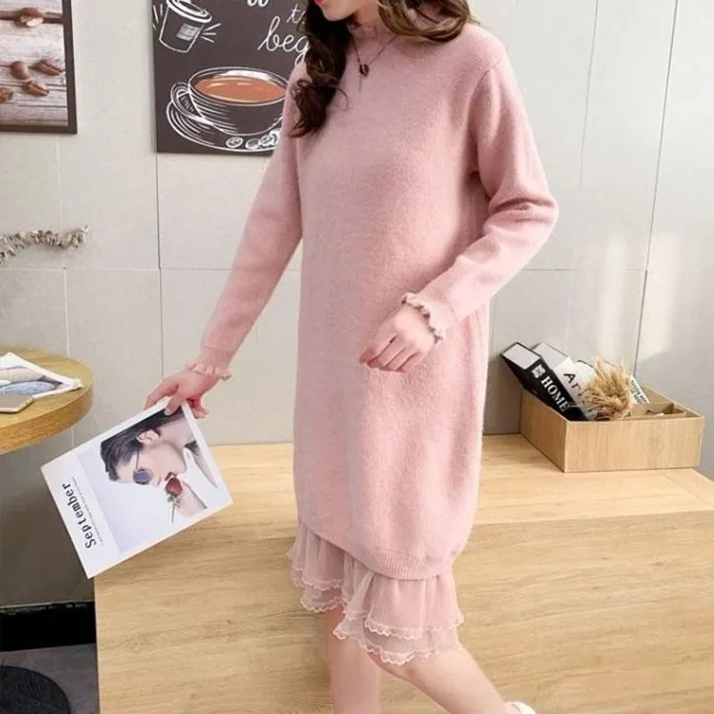 Autumn and Winter Long Lace Sweater Dress Casual Loose Knit Bottoming Shirt Pure Color Simple Female Sweater Dress