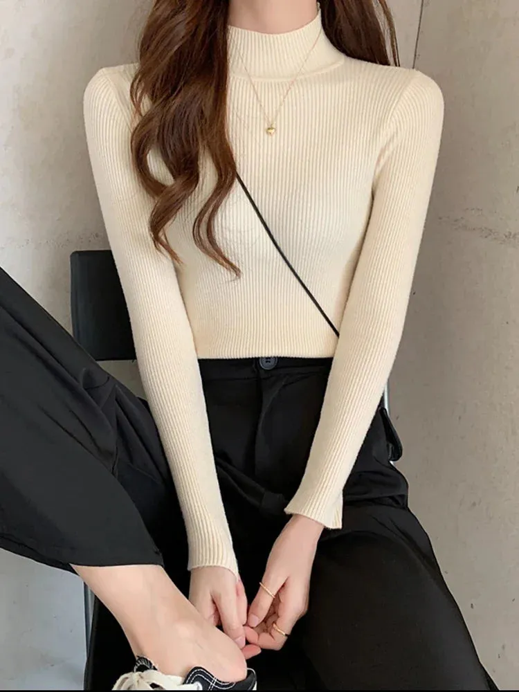Autumn Winter Mock Neck Women Sweater Vintage Basic Solid Knitted Tops Casual Slim Pullover Korean Sweaters Simple Chic Jumpers