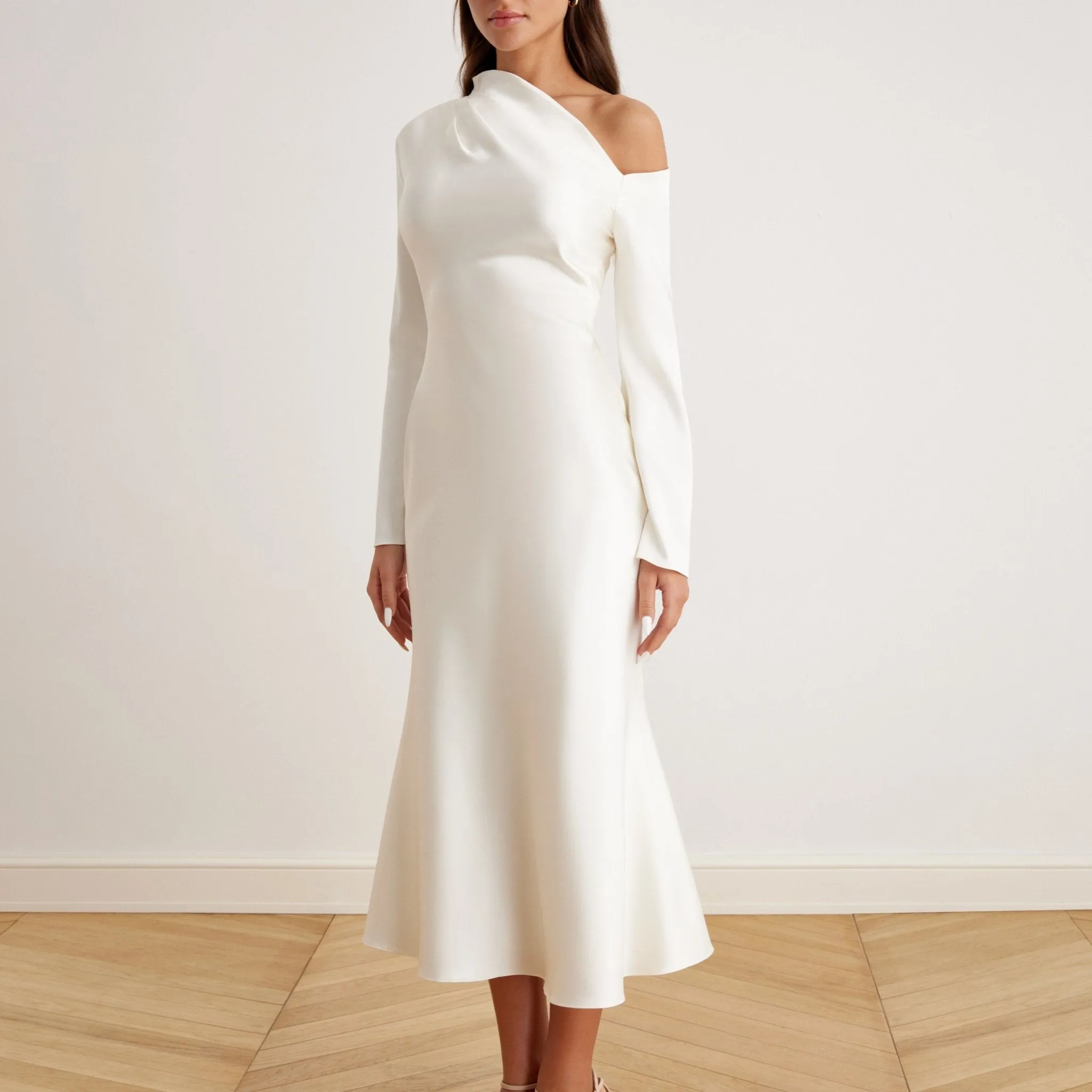 Bare Shoulder Satin Midi Dress