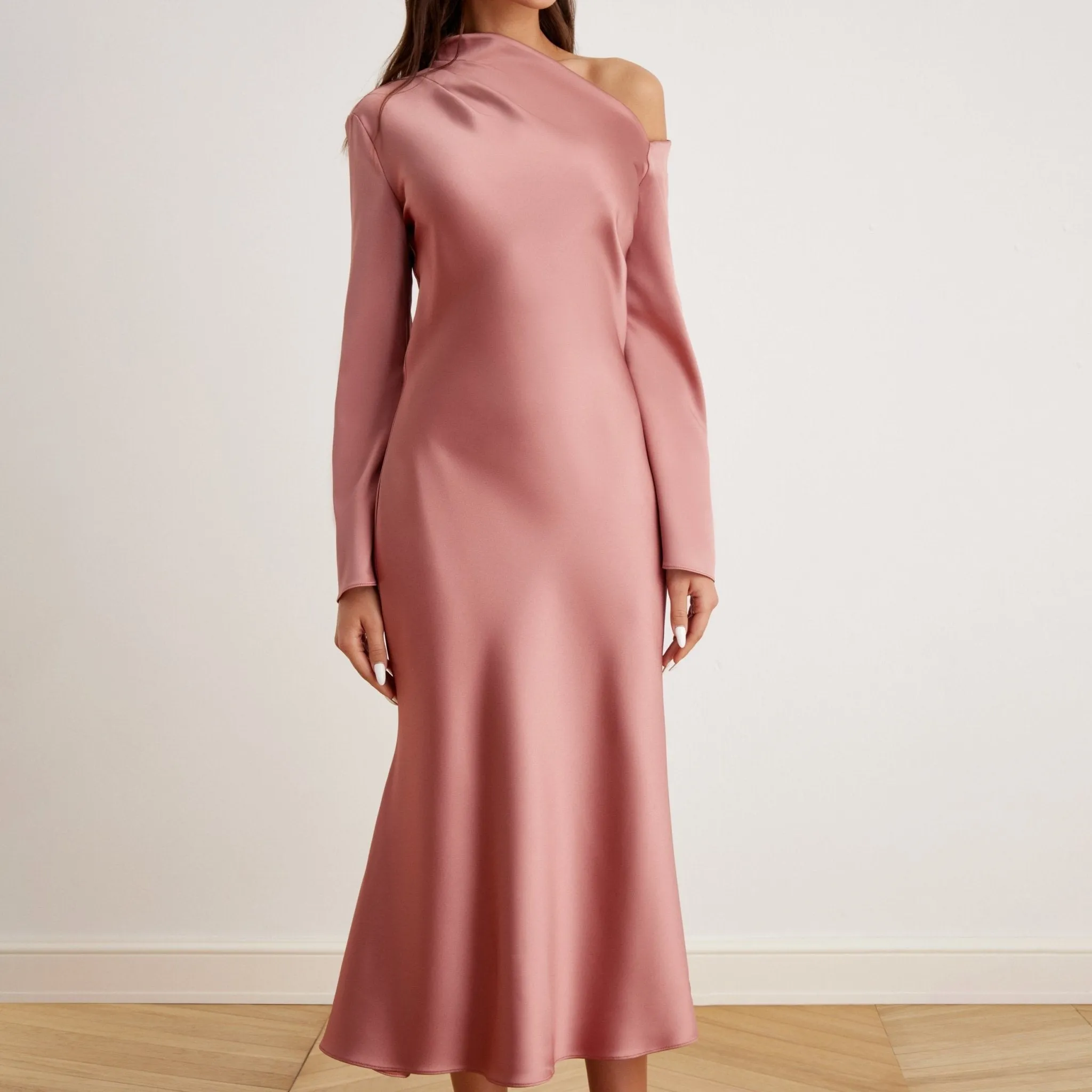 Bare Shoulder Satin Midi Dress