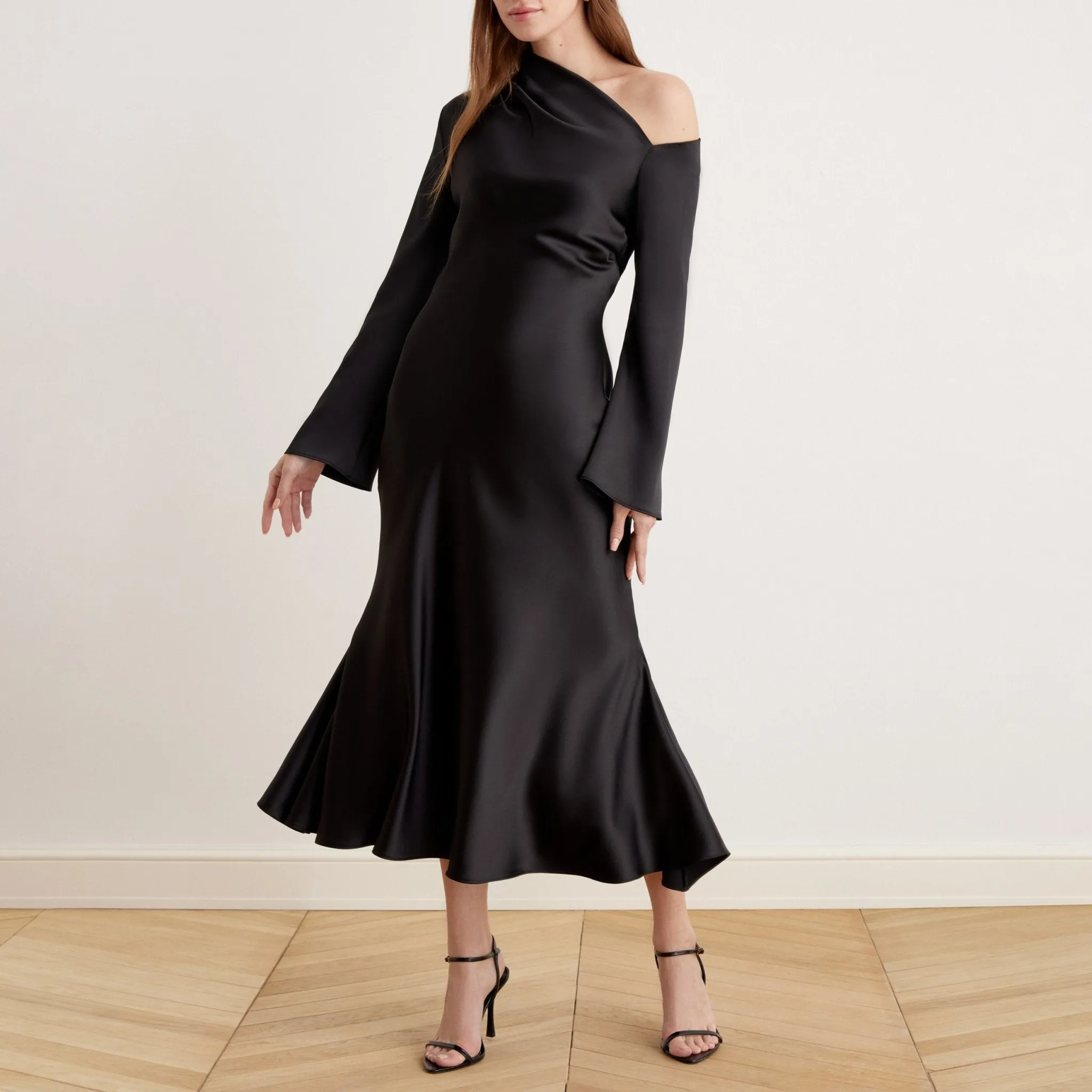 Bare Shoulder Satin Midi Dress