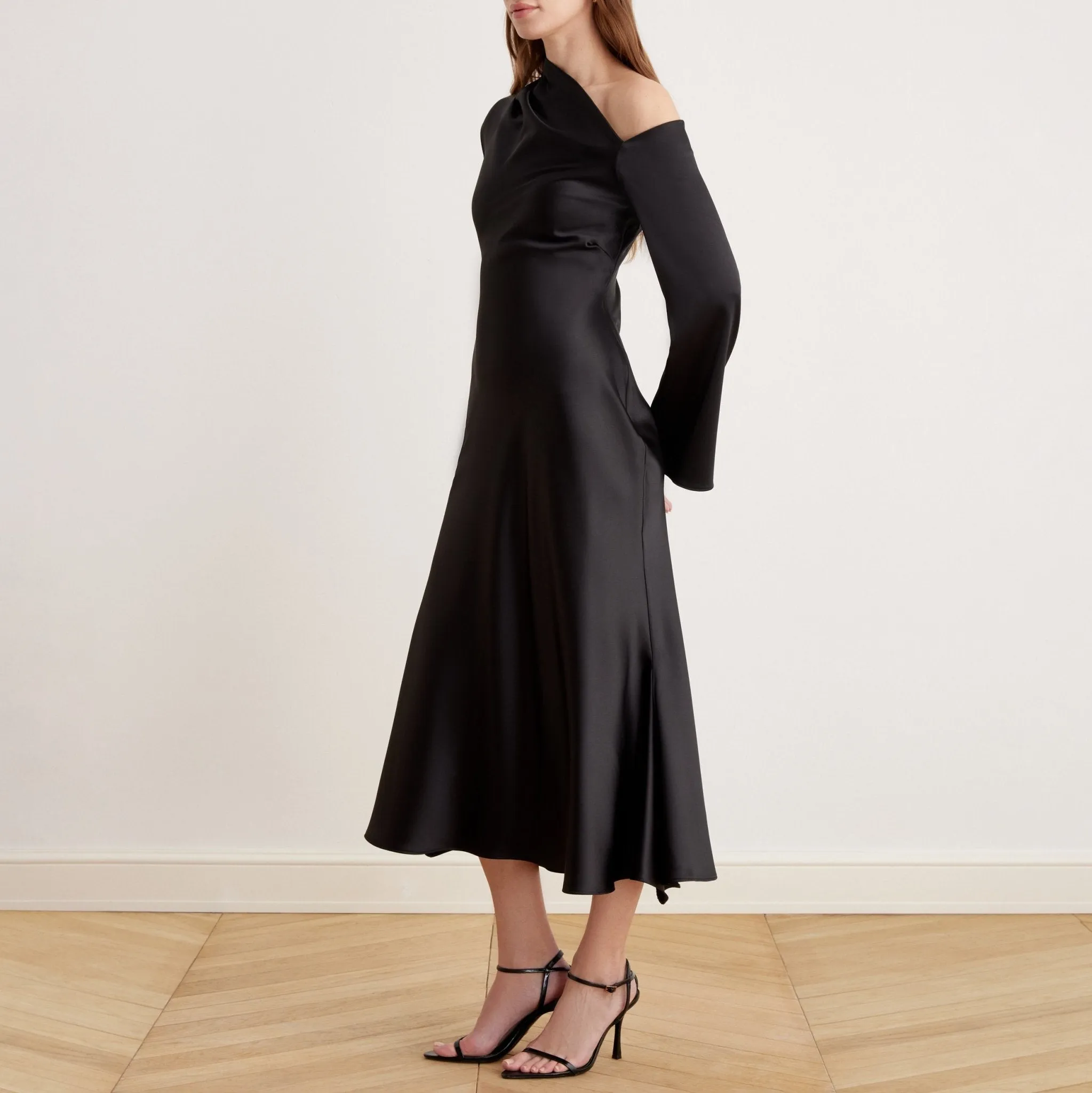 Bare Shoulder Satin Midi Dress