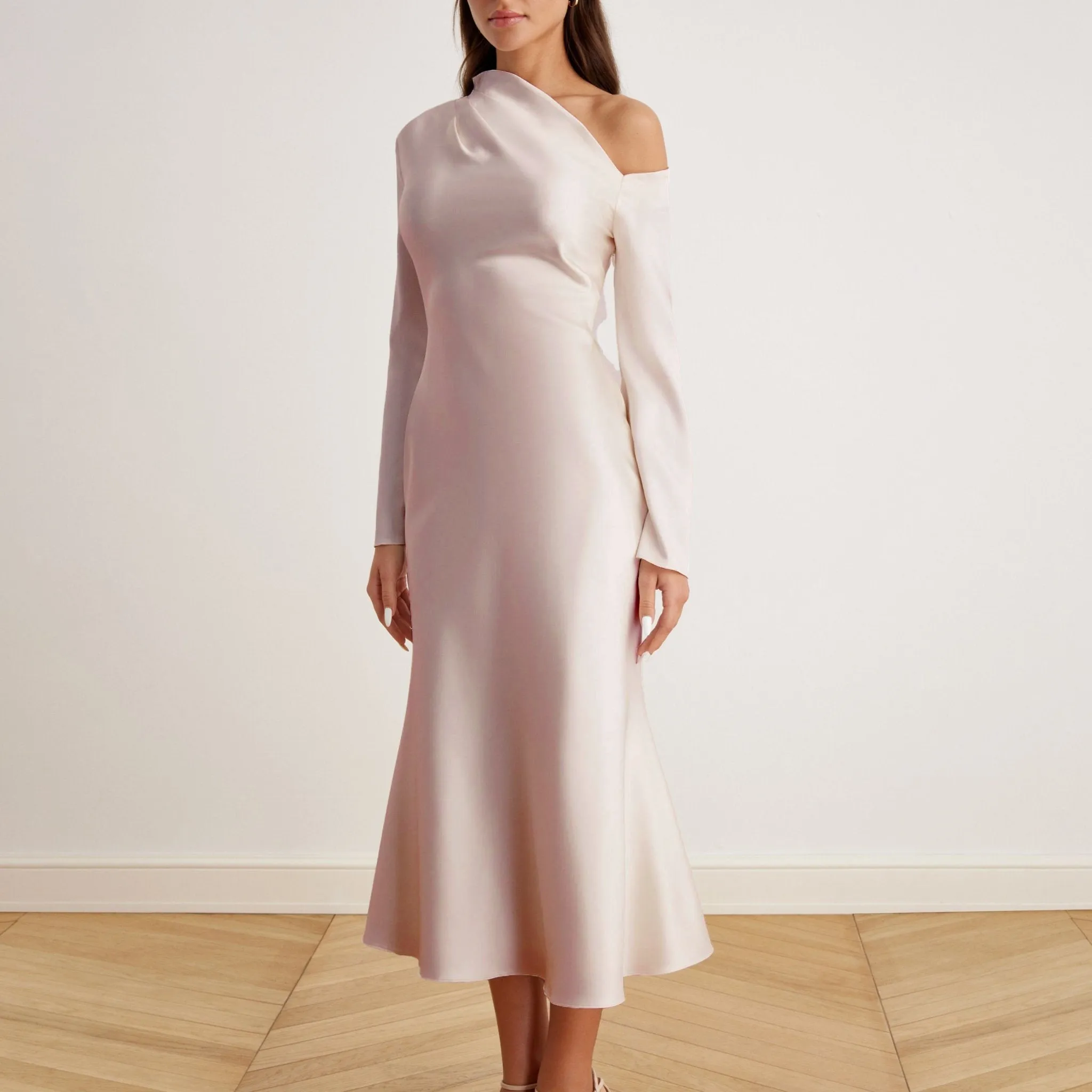 Bare Shoulder Satin Midi Dress