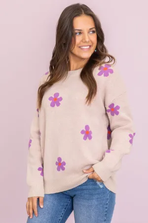 Beige and Purple Flowers Intarsia Sweaters