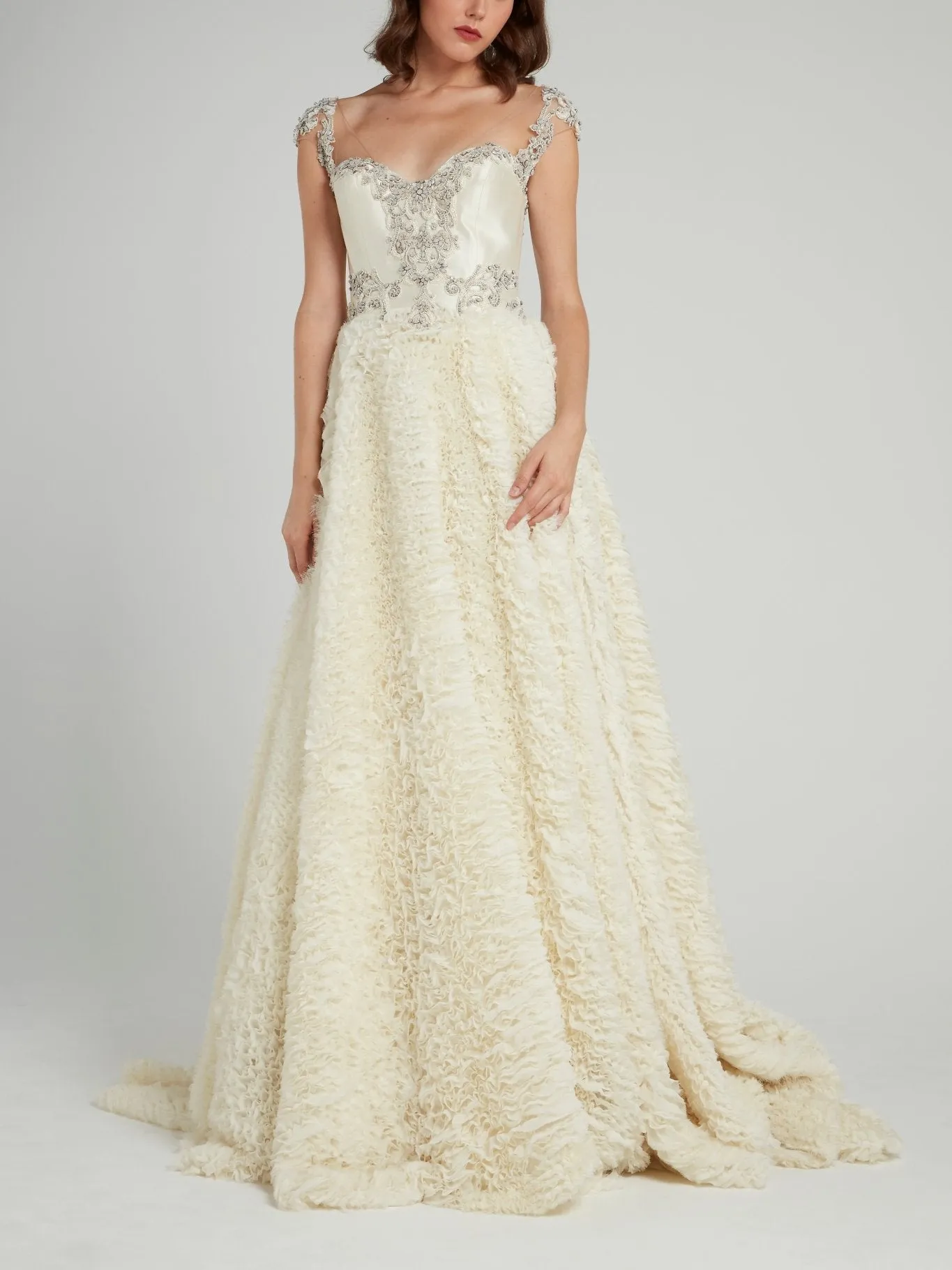 Beige Embellished Open Back Bridal Gown