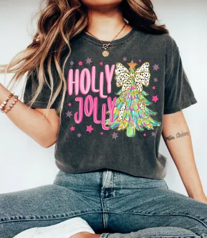 Bella Canvas or Comfort Colors Holly Jolly Christmas Tree Tee/ Direct To Film Transferred Faux Glitter Tee/ Youth and Adult Sizes