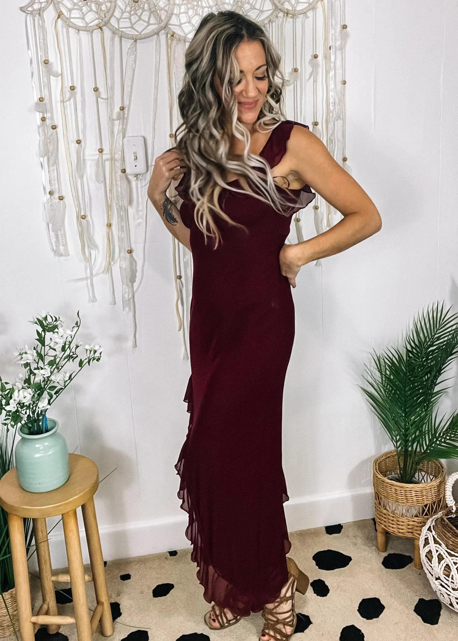 Betsy Wine Asymmetrical Hem Ruffle Dress