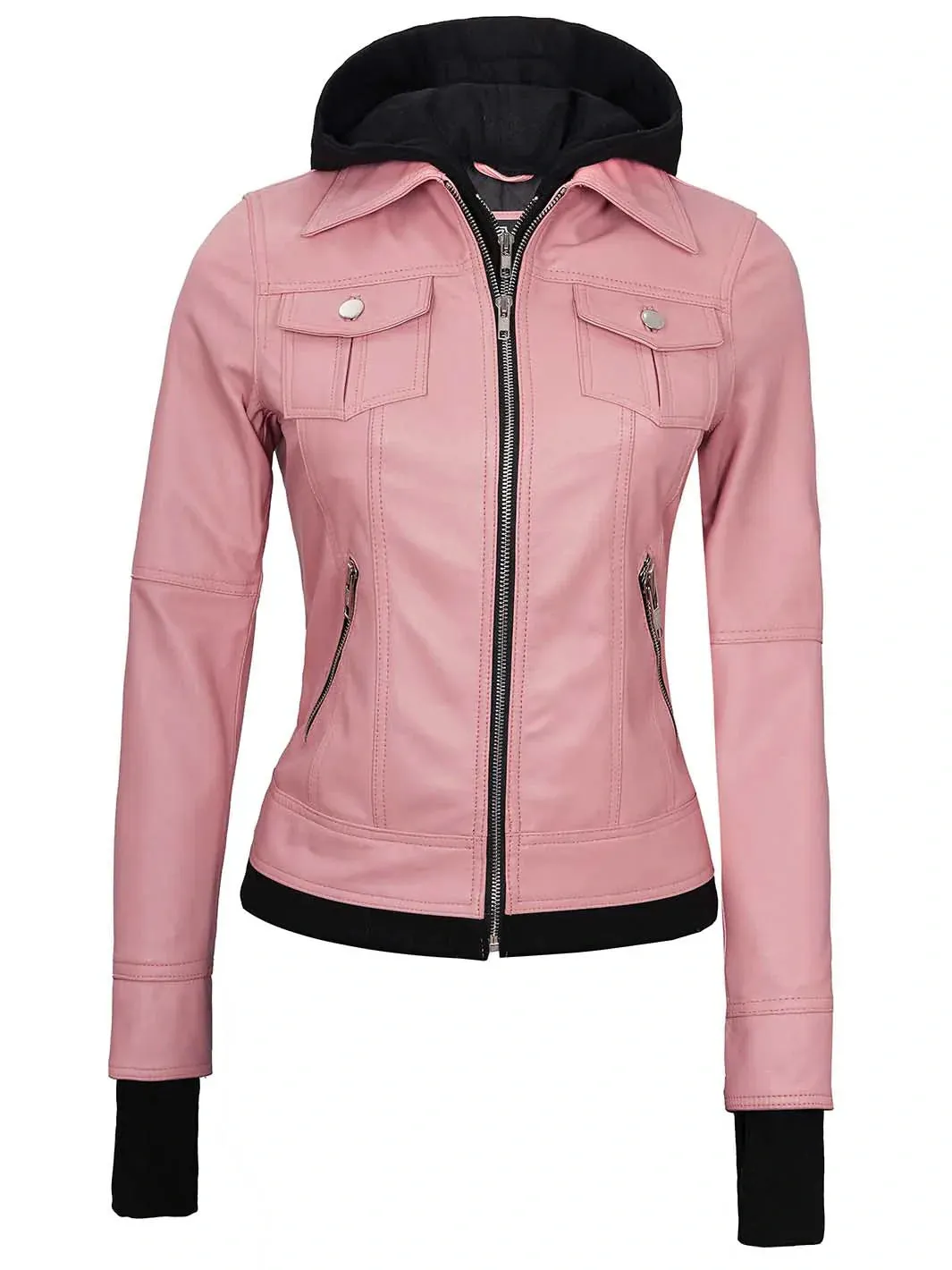 Betty Women's Pink Hooded Leather Motorcycle Jacket