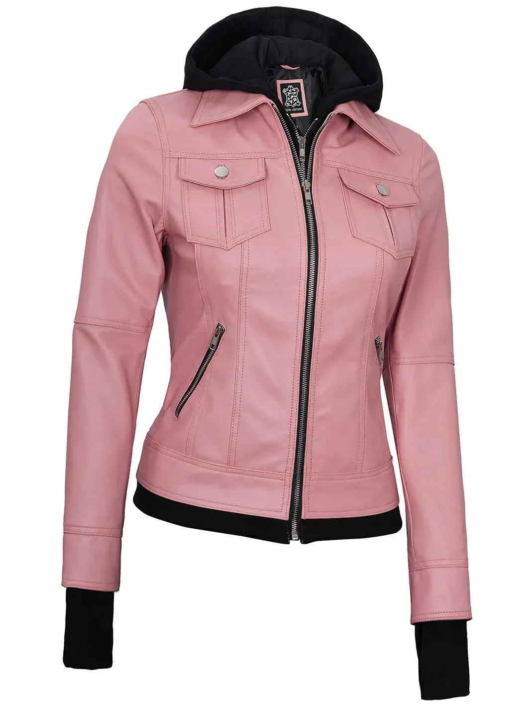 Betty Women's Pink Hooded Leather Motorcycle Jacket