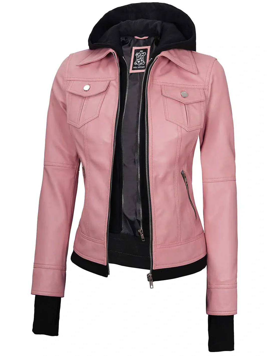 Betty Women's Pink Hooded Leather Motorcycle Jacket
