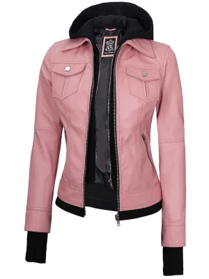 Betty Women's Pink Hooded Leather Motorcycle Jacket