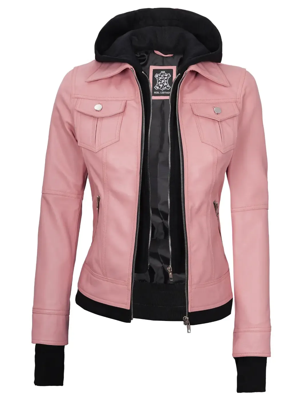 Betty Women's Pink Hooded Leather Motorcycle Jacket