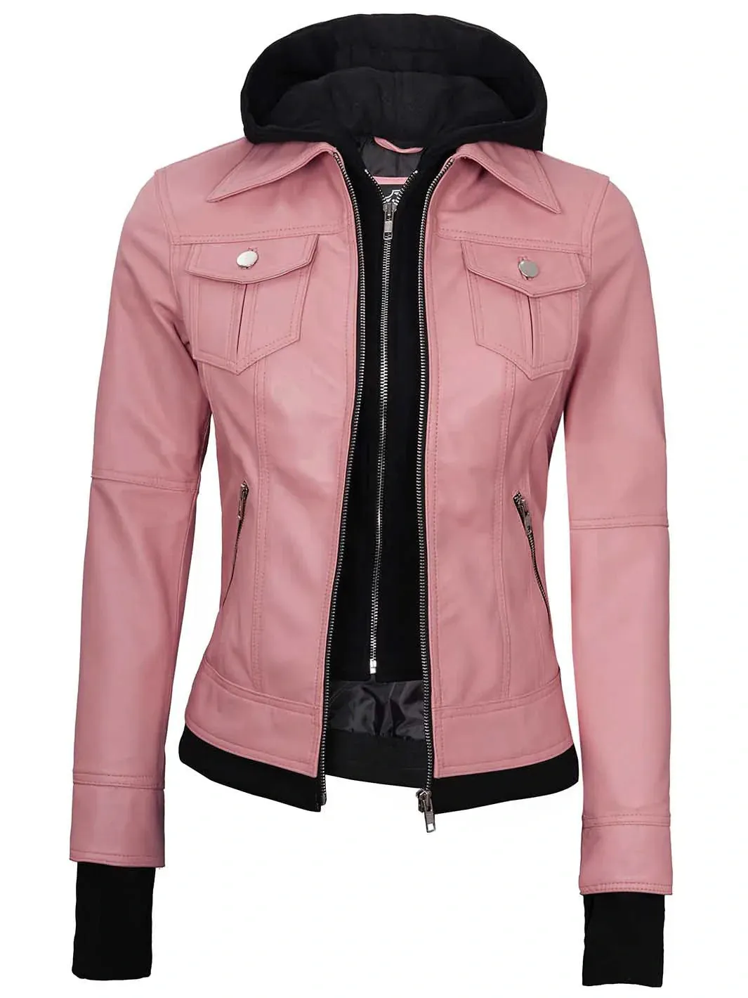 Betty Women's Pink Hooded Leather Motorcycle Jacket